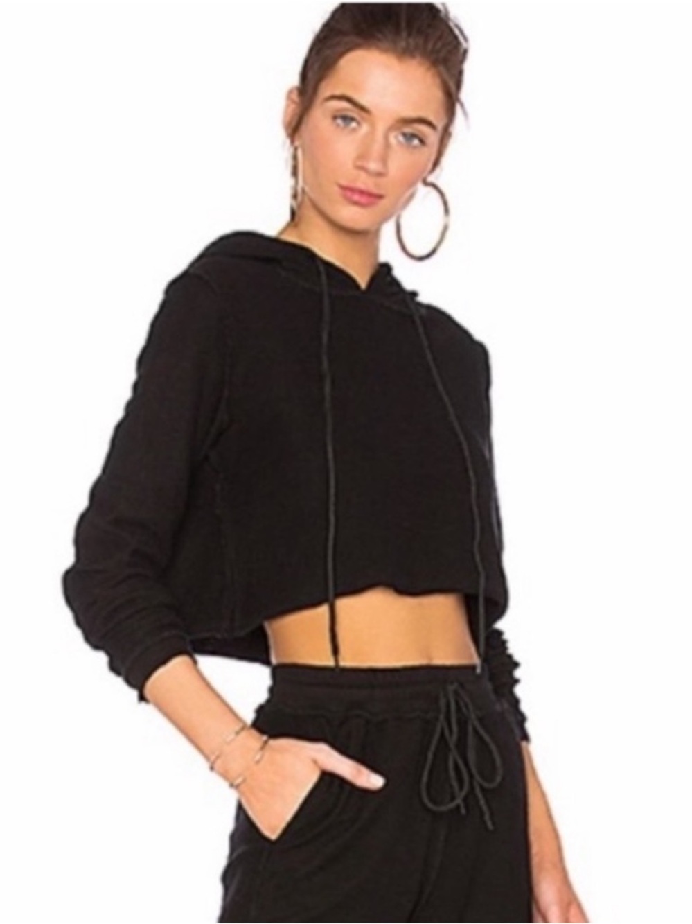 Danielle Guizio Black Cropped Hoodie with Drawstring